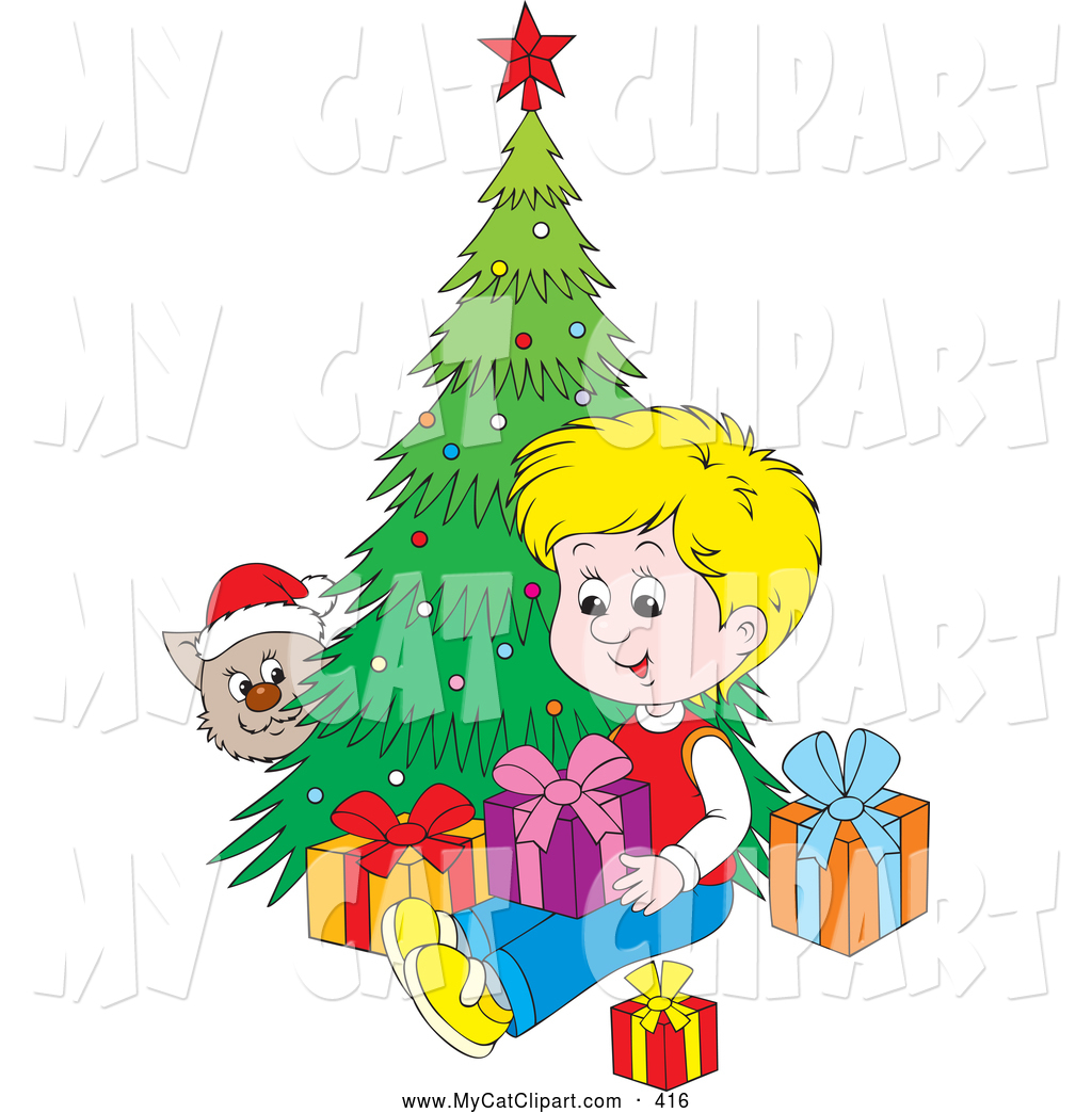 Peeking Around A Christmas Tree And Watching A Blond Boy Open Presents