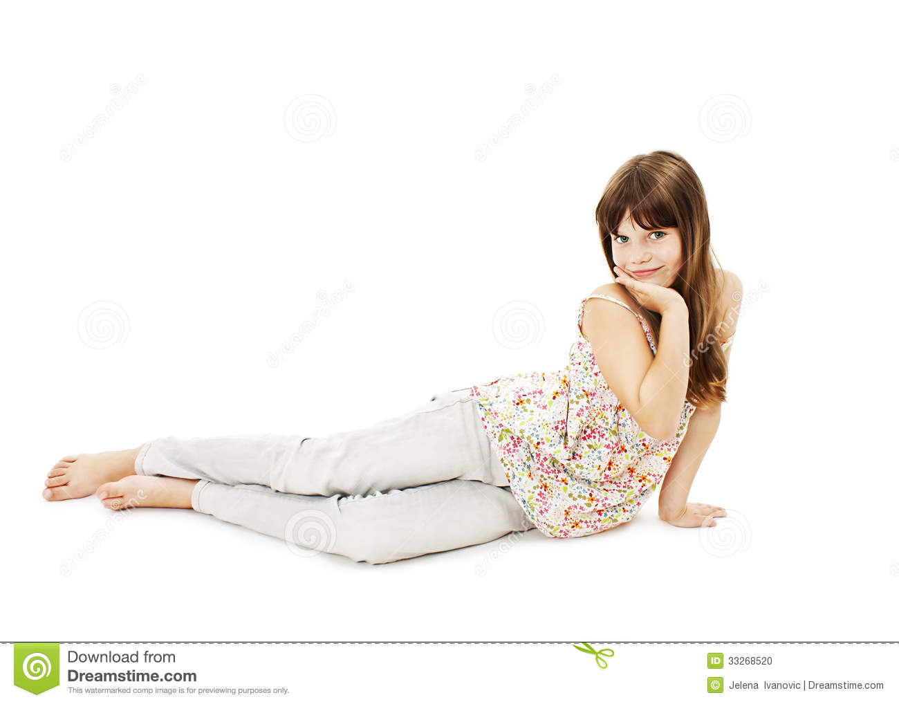 Pretty Little Girl Lying On The Floor In Jeans Stock Photo   Image