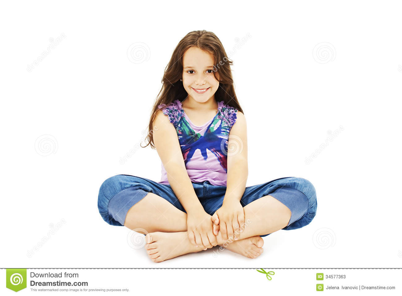 Pretty Little Girl Sitting On The Floor In Jeans Stock Photos   Image