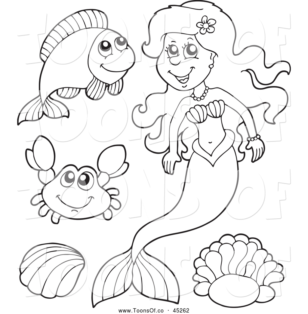 Vector Cartoon Of A Black And White Happy Mermaid And Sea    