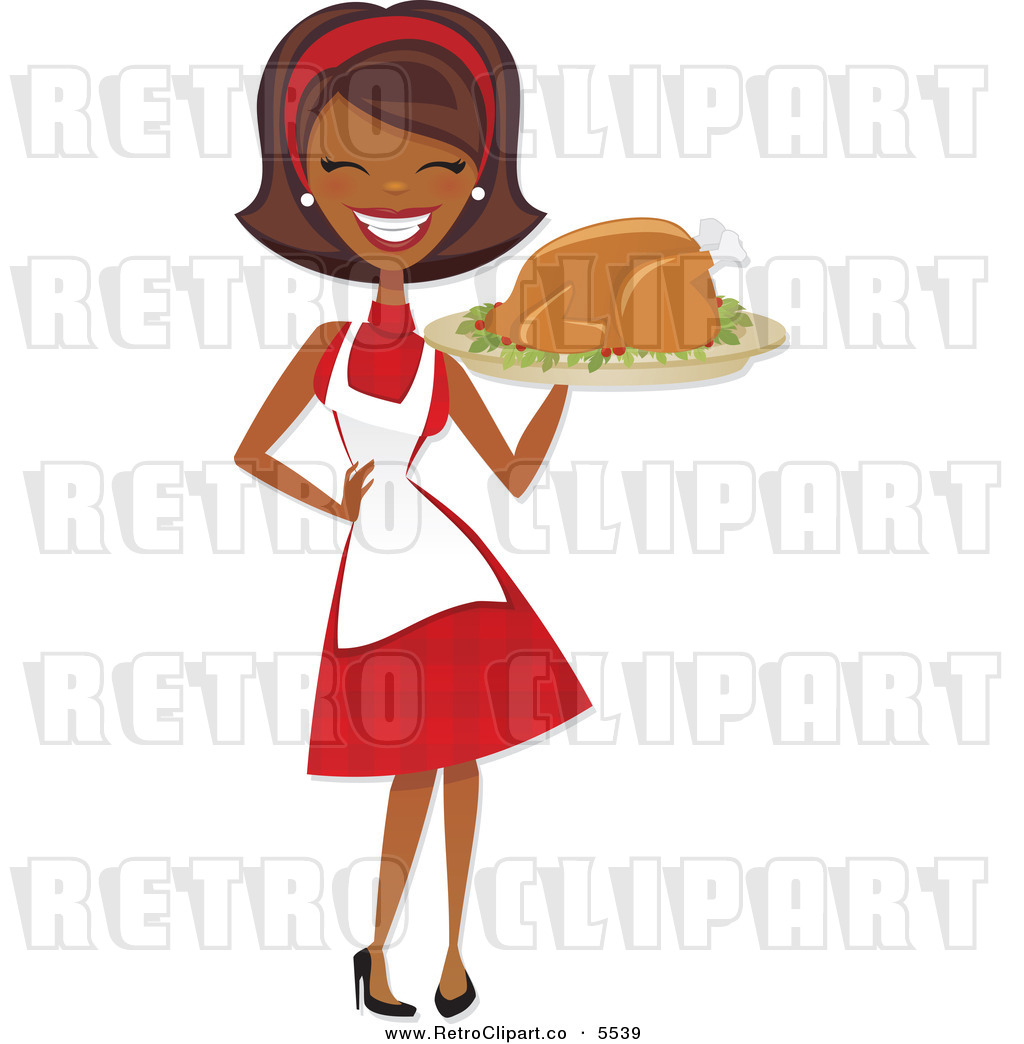Vector Clipart Of A Happy Black Retro Housewife Carrying A Roasted    