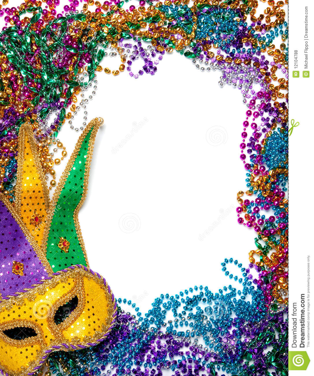 Border Made Of Mardi Gras Bead And Mask On White Royalty Free Stock    