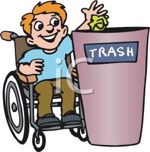 Boy In A Wheelchair Throwing Trash Away   Royalty Free Clipart Picture