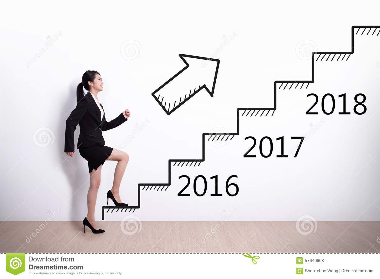 Business Woman Stepping Up On Stairs To Gain Her Success In 2016 New    