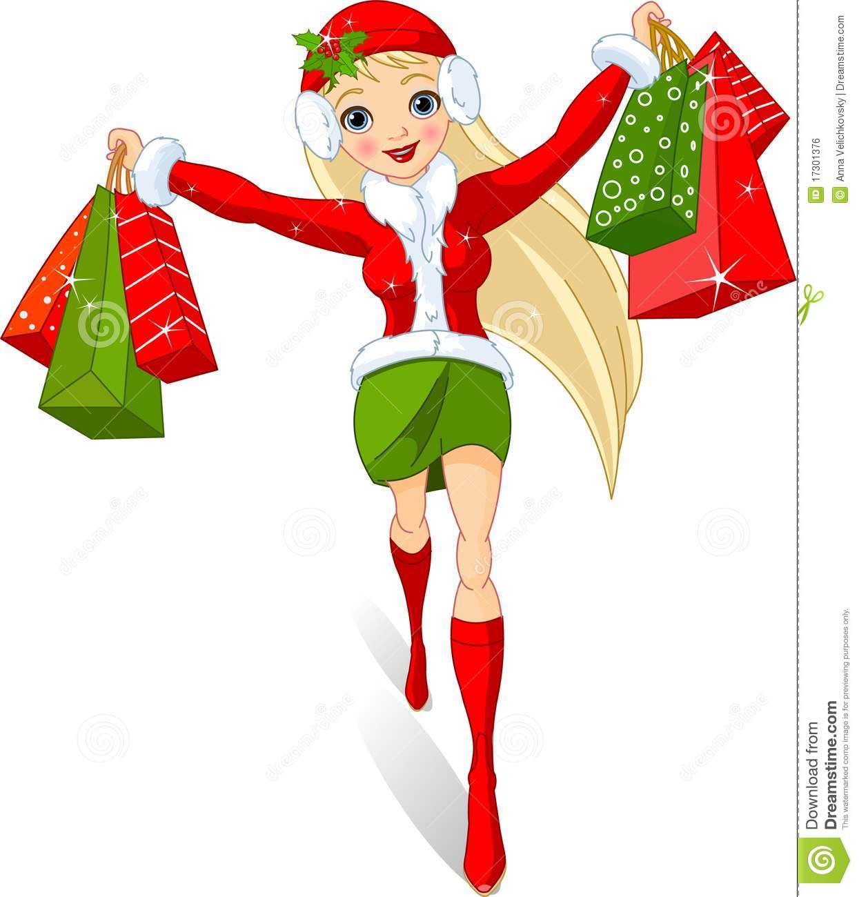 Christmas Shopping  Illustration Of A Girl With Shopping Bags