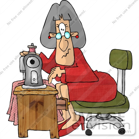 Clipart Of A Gray Haired Caucasian Seamstress Woman In A Red Dress And    