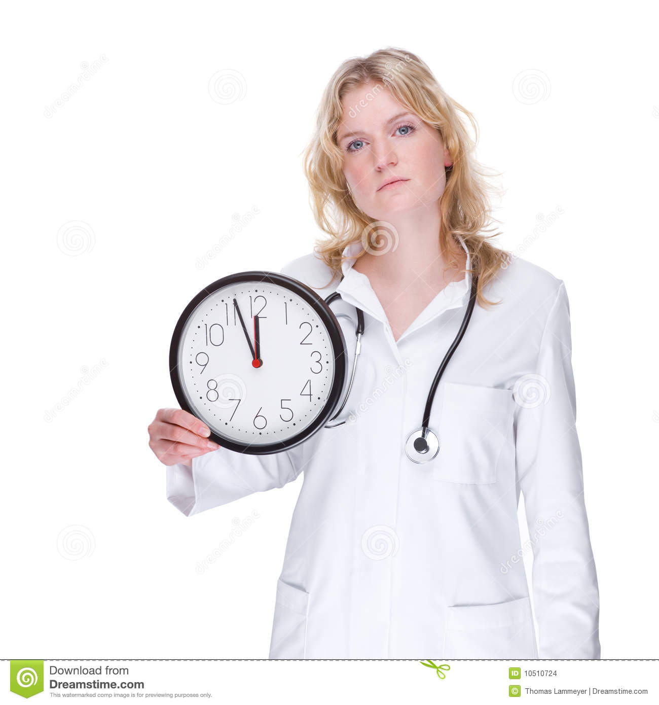 Full Isolated Portrait Of A Beautiful Caucasian Doctor With A Clock