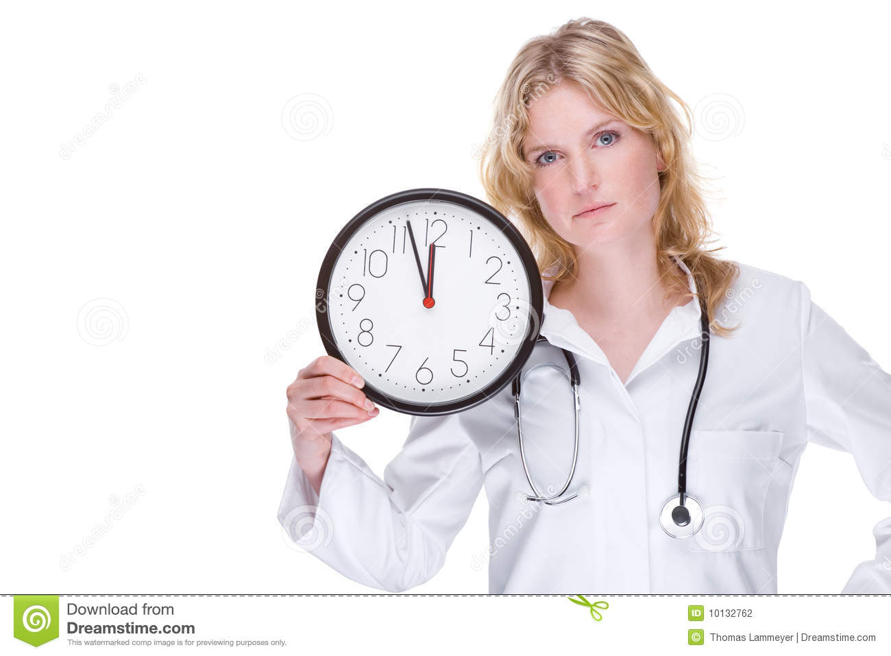 Full Isolated Portrait Of A Beautiful Caucasian Doctor With A Clock 