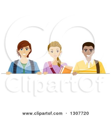 Happy High School Teenage Girl And Two Young Men Over A Blank Sign By    