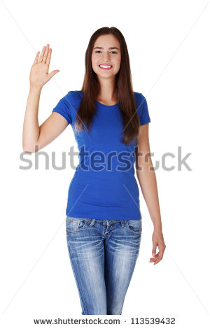 Happy Teenage Girl Waving A Greeting  Isolated On White   Stock Photo