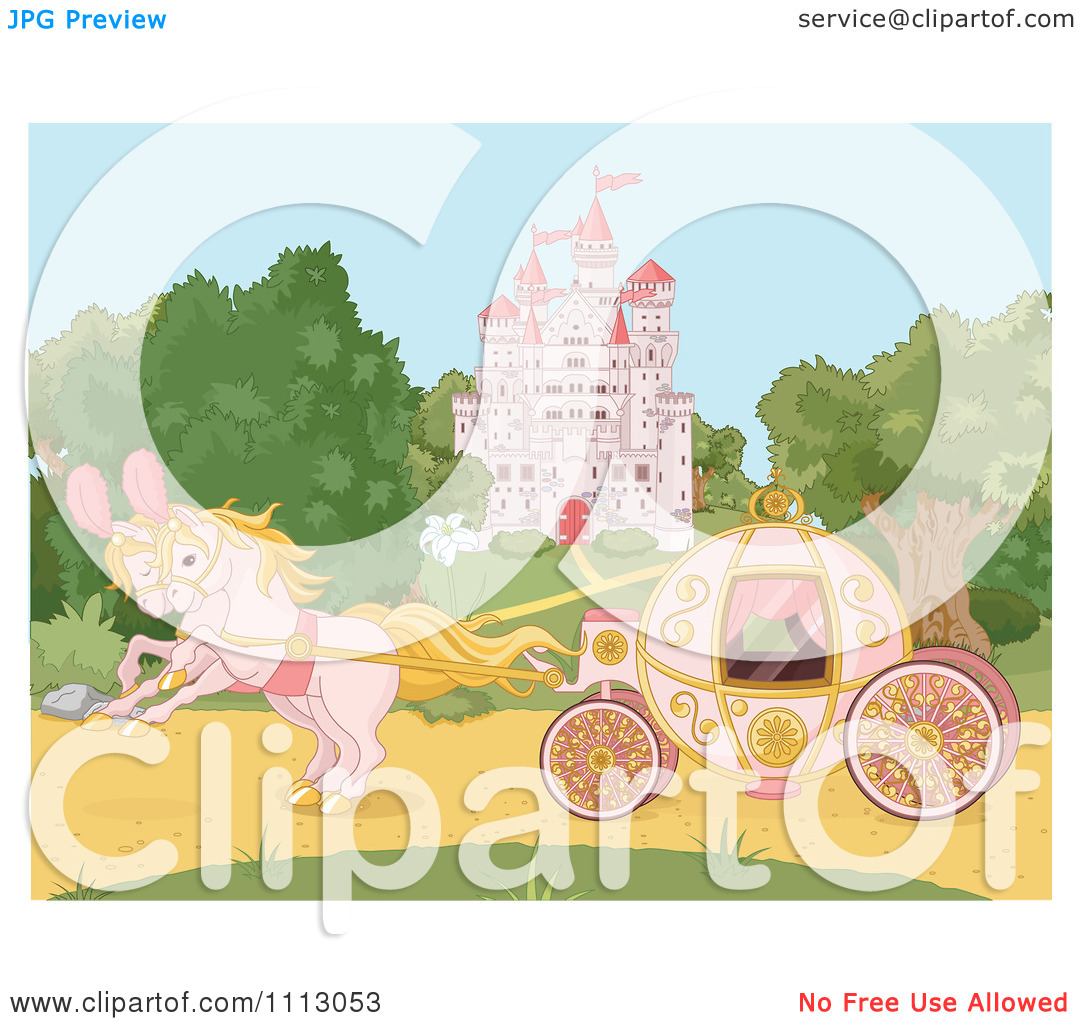 Clipart Pink Fantasy Horses Pulling A Carriage Near A Fairy Tale    