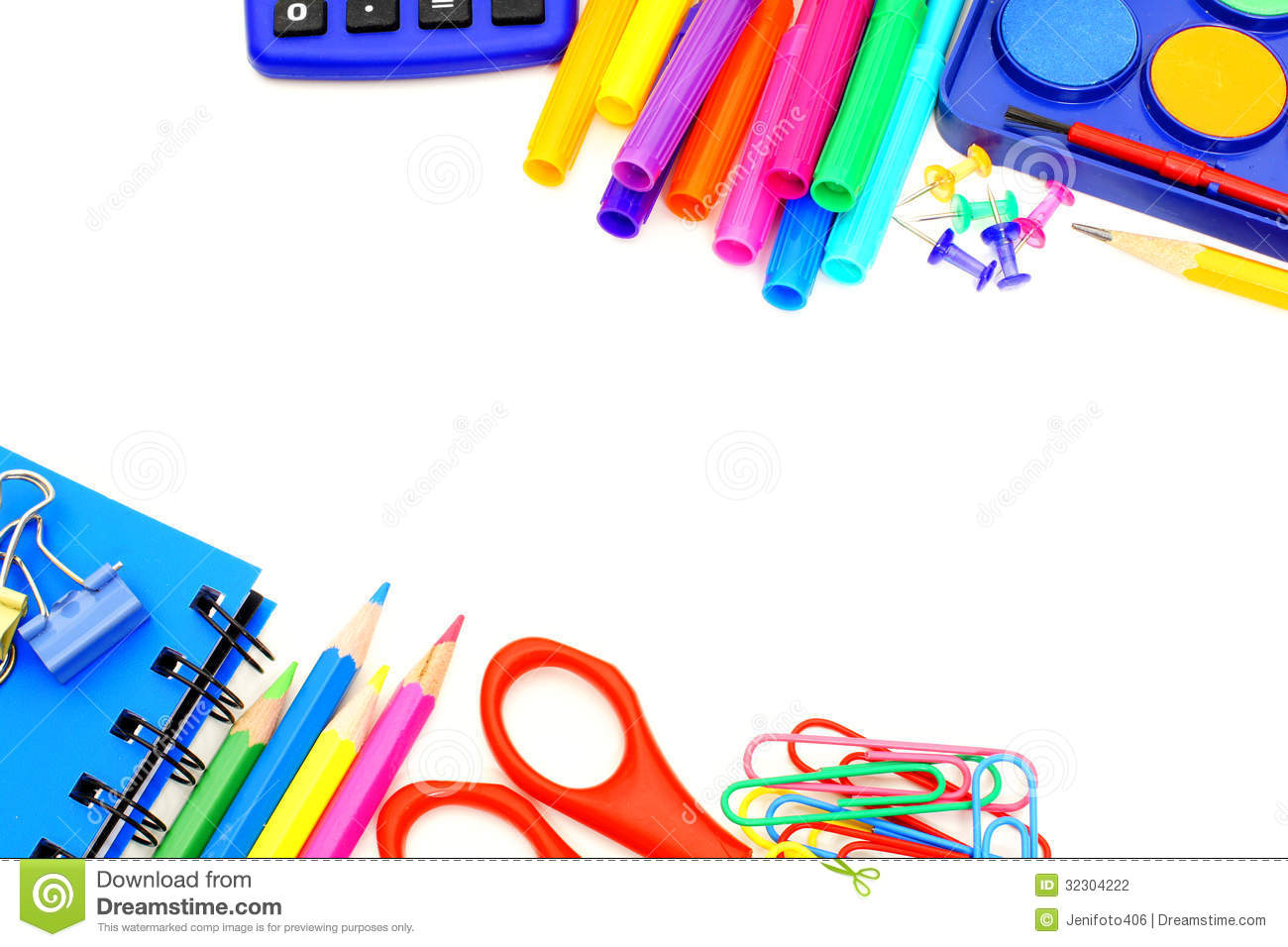 Colorful Border Of School Supplies Over A White Background