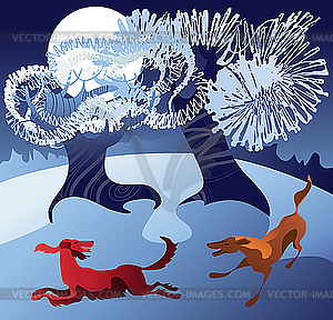 Dogs Playing In Snow   Vector Clip Art