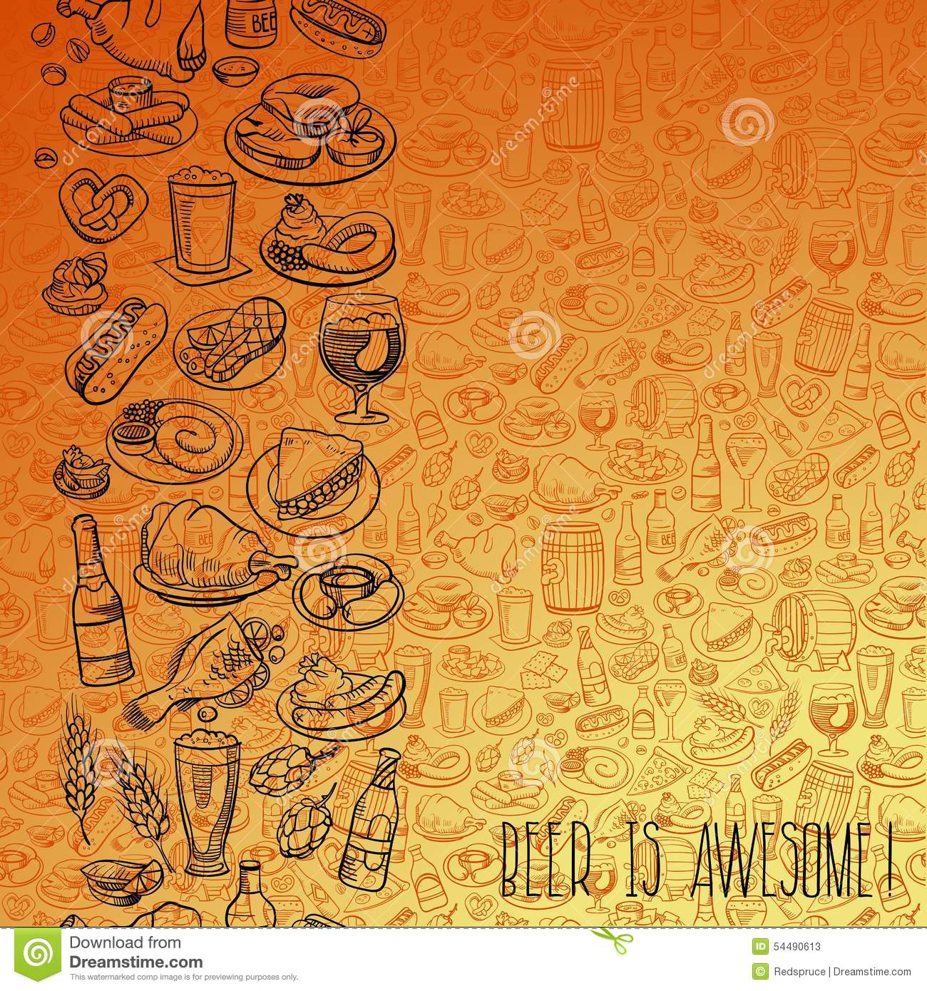 Hand Drawn Beer Bottles And Bar Food Seamless Background 