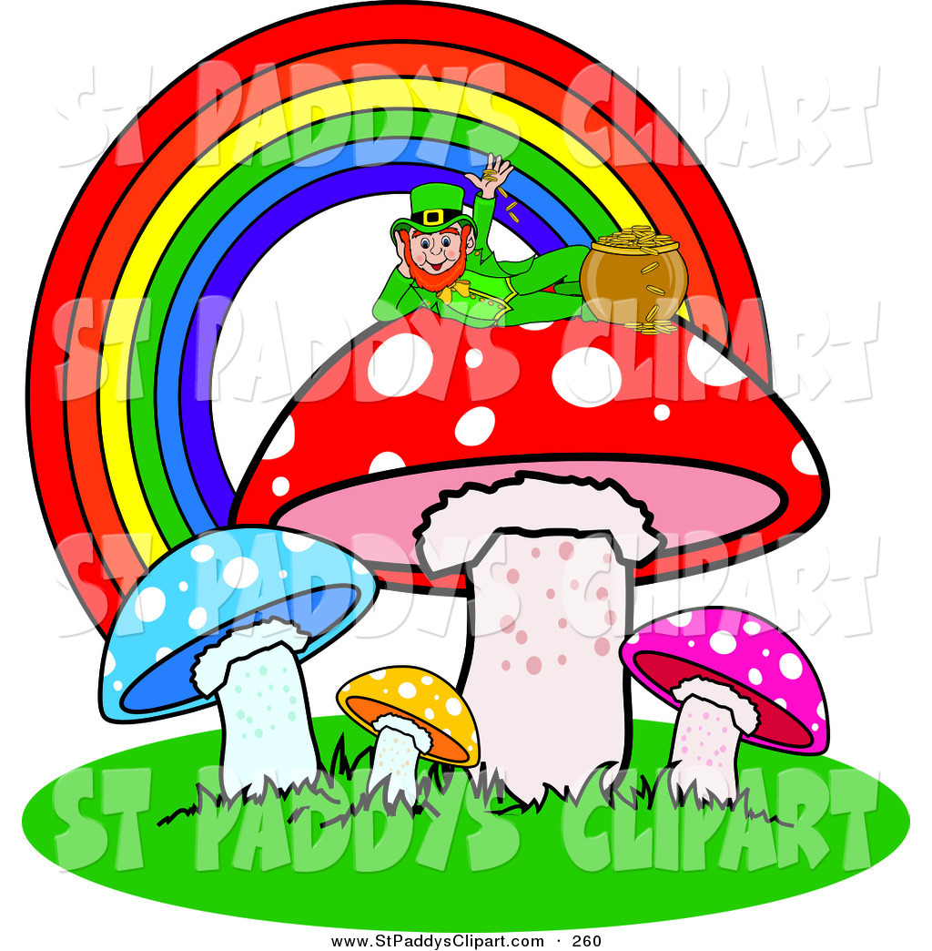 Leprechaun Reclined Atop A Mushroom Under A Rainbow With His Pot Of