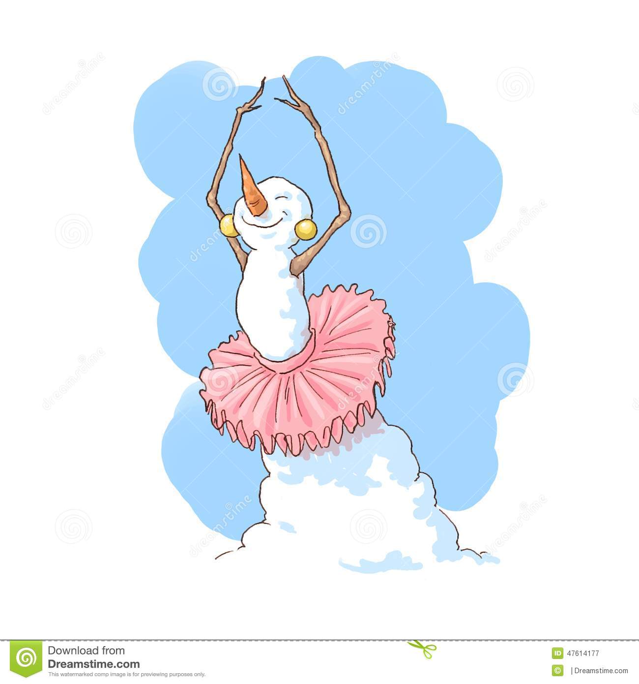 Ballet Dancer Snowman In Tutu Hand Drawn And Digital Painting
