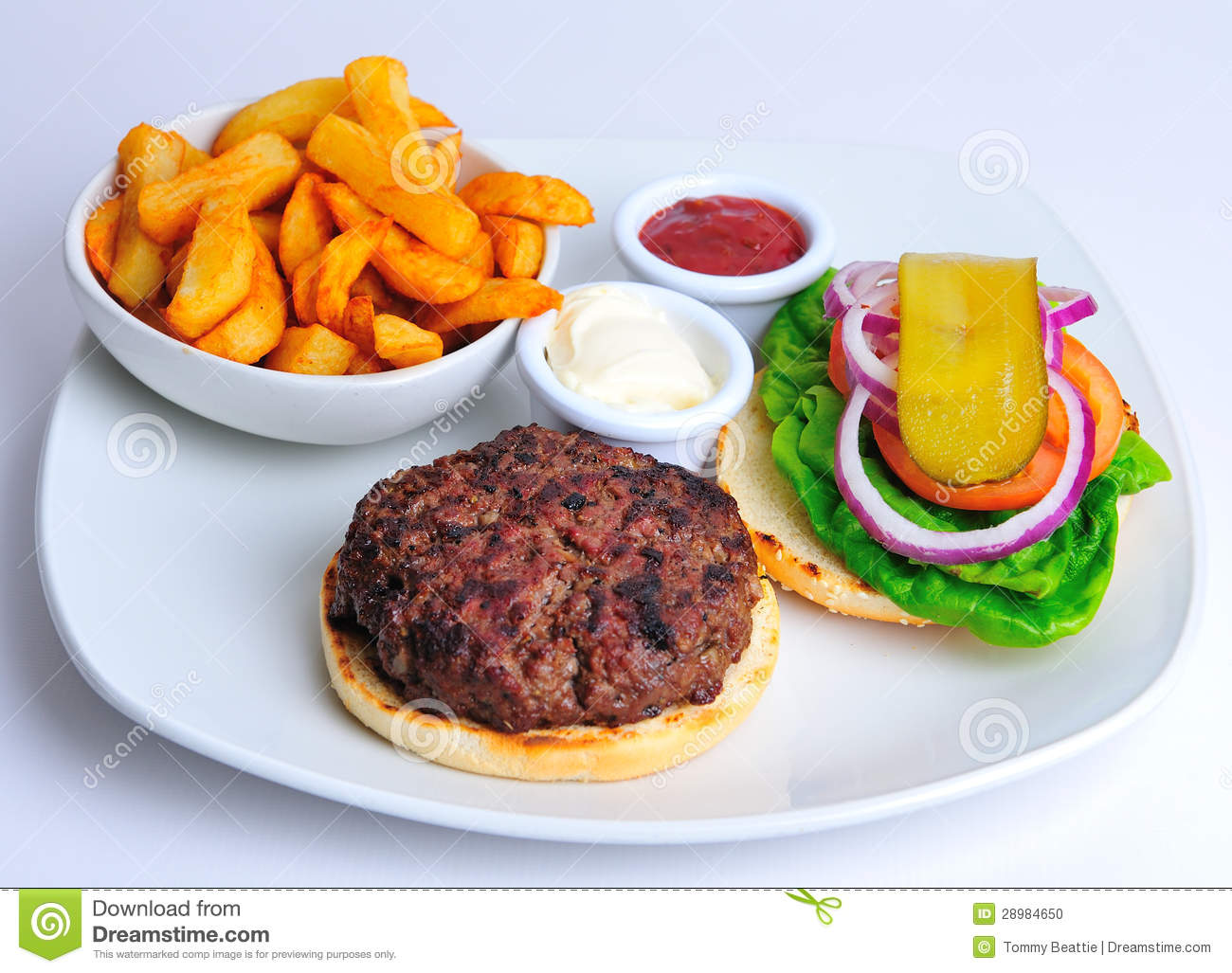 Beef Burger And Chips Stock Photo   Image  28984650