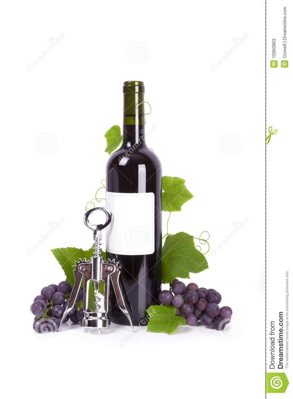 Bottle Of Wine Grapes With Leaves And Cork Screw Isolated On White    