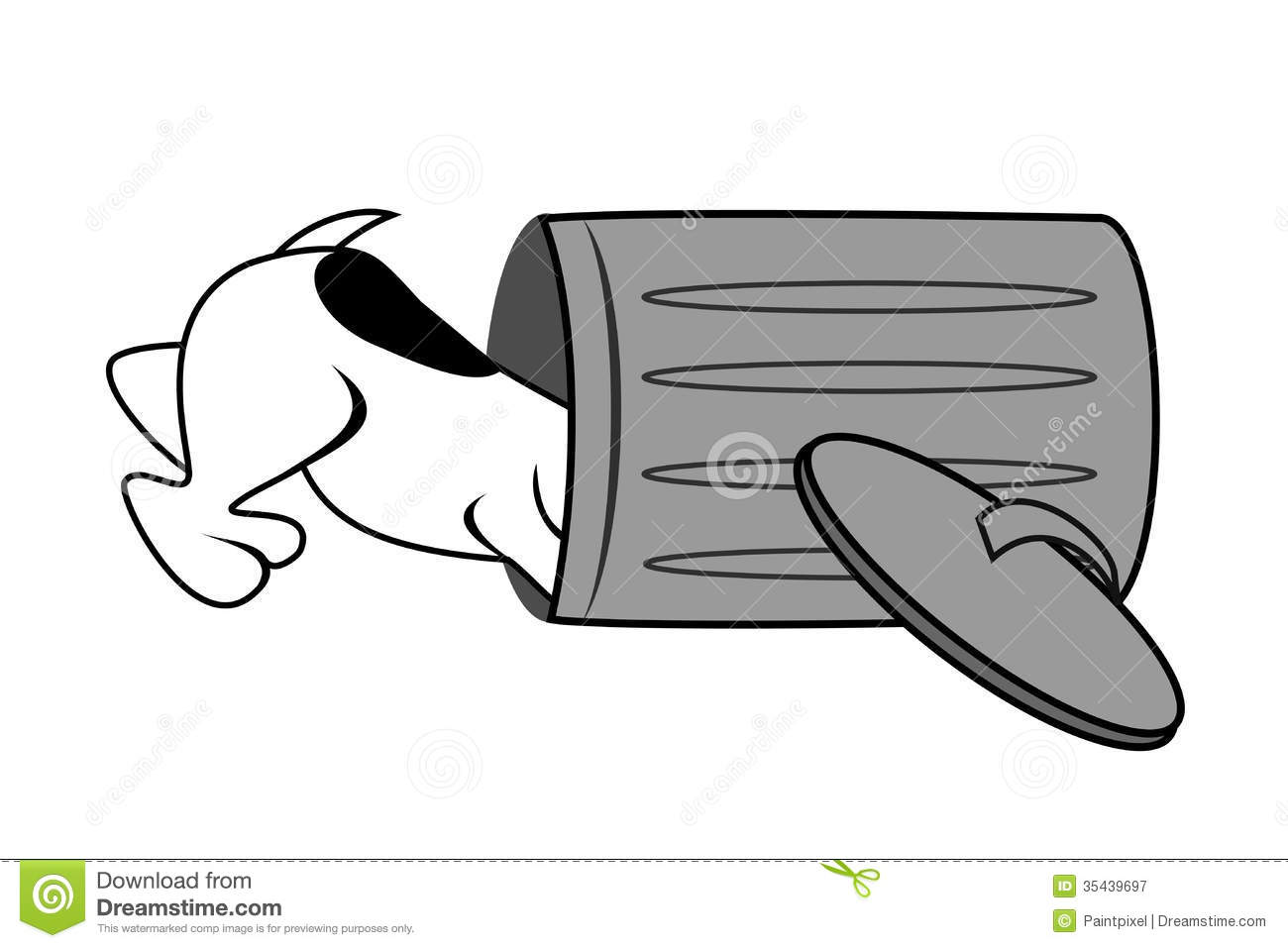 Cartoon Illustration Of A Dog Looking Into A Gray Garbage Bin Lying On