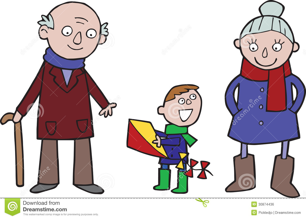 Cartoon Of A Granddad And Grandma Taking Their Grandson Out To Play
