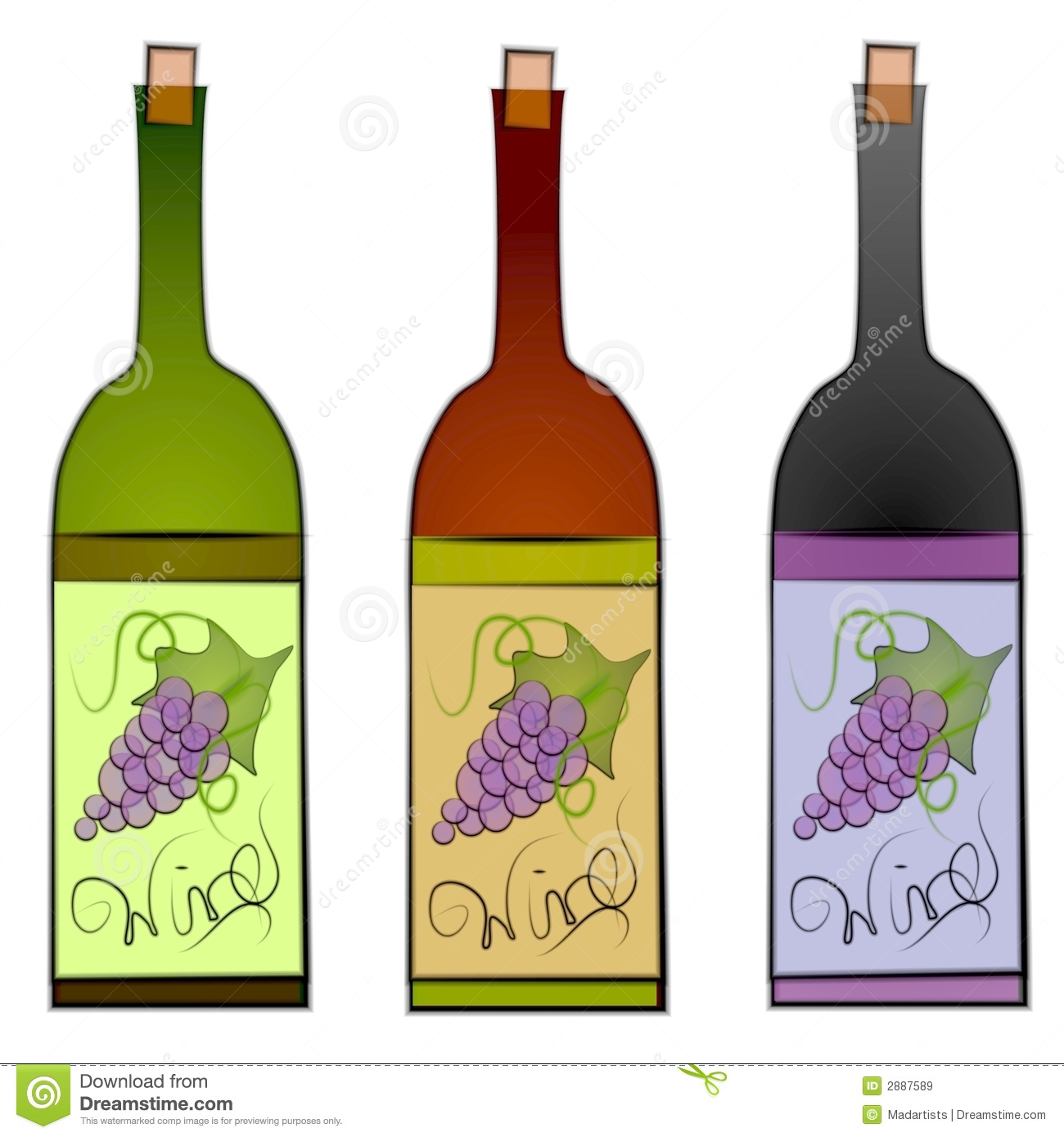 Clip Art Illustration Of A Collection Of 3 Wine Bottles In Green Red