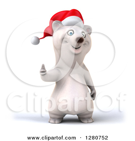 Clipart Of A 3d Christmas Polar Bear Holding A Thumb Up   Royalty Free