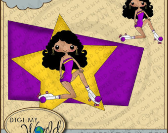 Disco Roller Skating 1970s Seventies Retro African American Clipart    