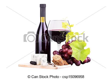 Glass Of Wine Assortment Of Grapes And Cheese Cork Isolated On White