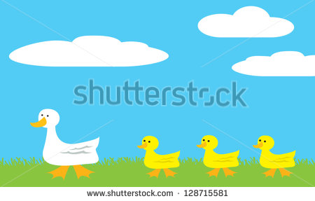 Mama Duck Walking Her Baby Ducklings In The Grass    Stock Vector