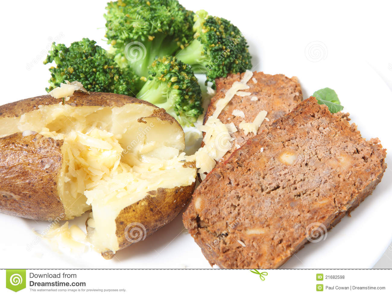 Meal Of Meatloaf Served With Baked Potato Grated Cheese And Broccoli