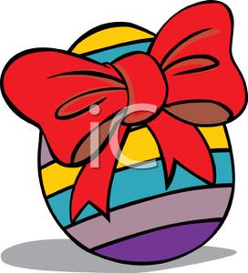 Multi Colored Easter Egg With A Red Bow   Royalty Free Clipart Picture