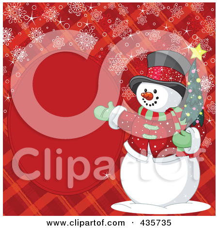 Red Christmas Background Of A Snowman Presenting A Blank Oval Frame On