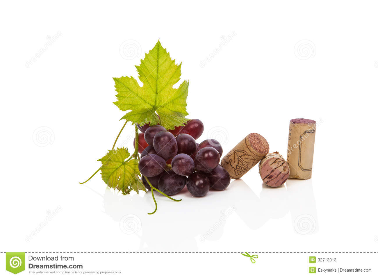 Red Wine Grapes And Various Cork Collection On White Background With    