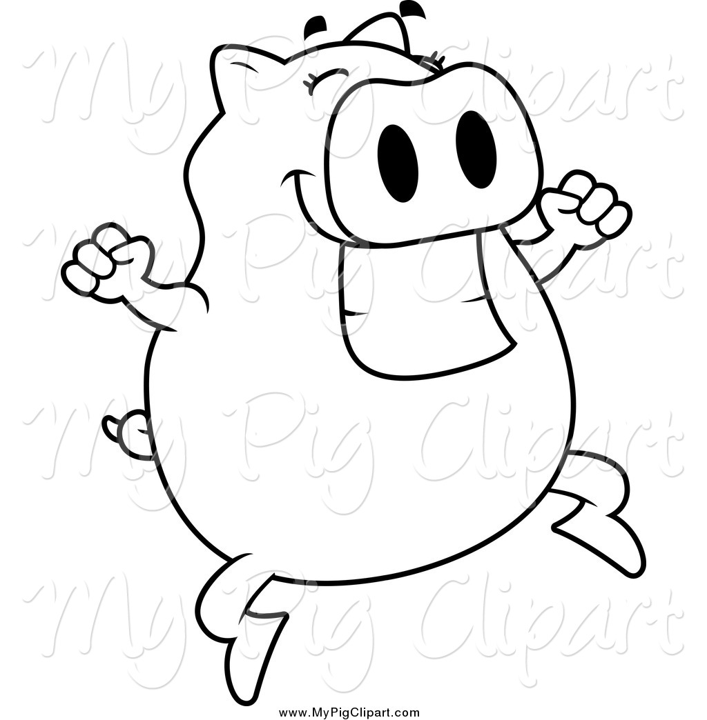 Swine Clipart Of A Black And White Excited Pig Jumping By Cory Thoman
