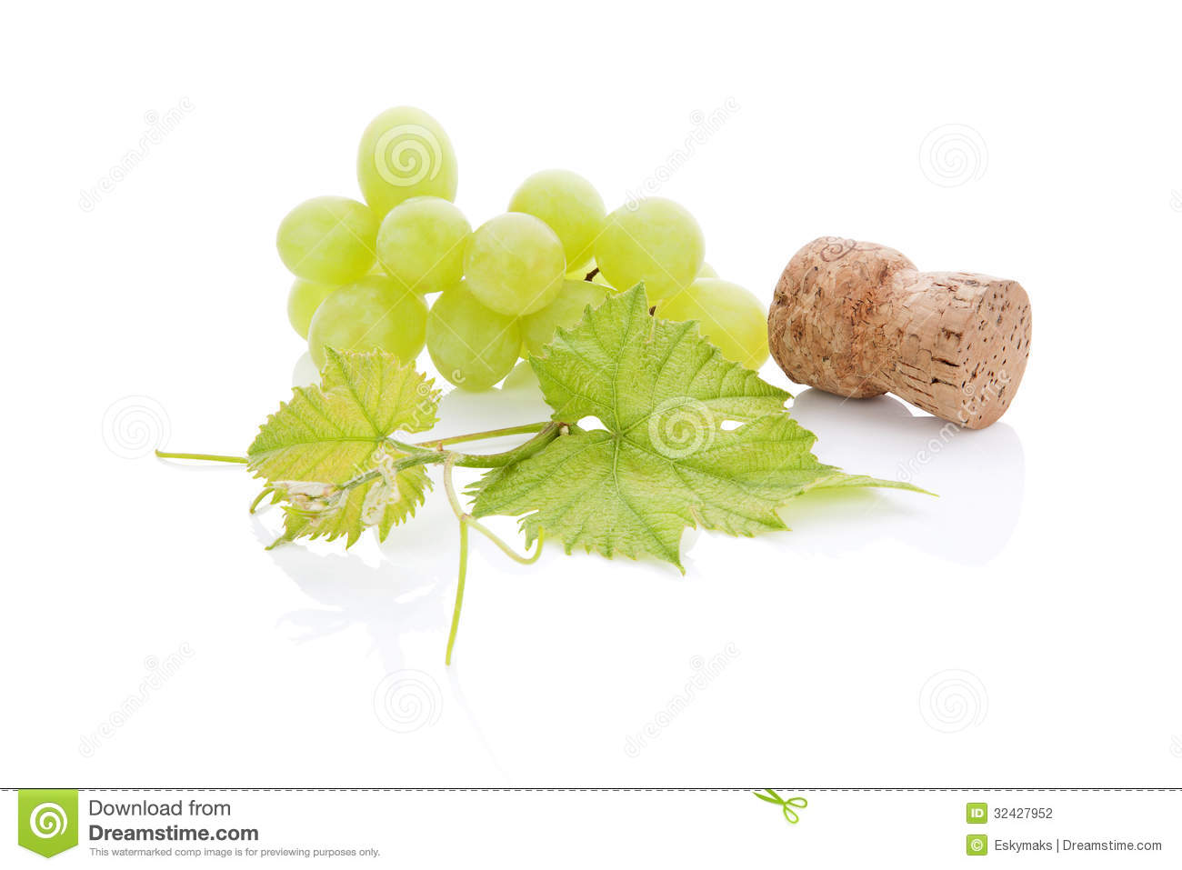 Wine Cork And Green Grapes On White Background With Reflection    
