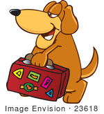 Of A Cute Brown Hound Dog Cartoon Character Carrying A Suitcase