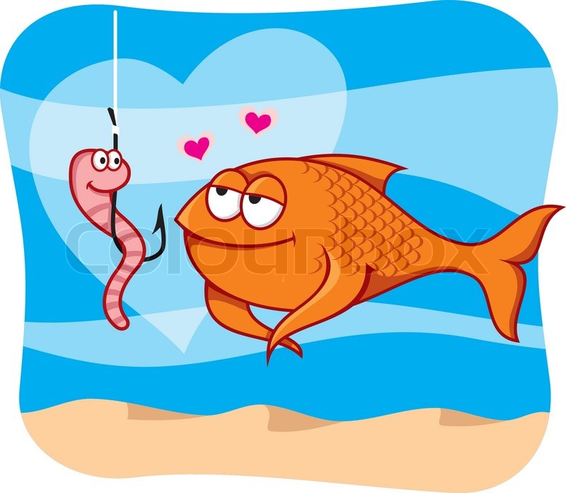 Of  Cartoon Illustration Of Fish In Love With The Worm Bait In Hook