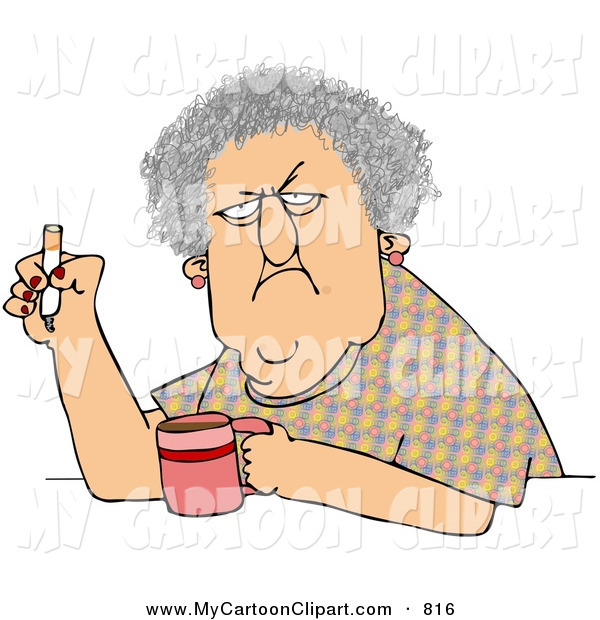 Art Of A Grumpy Old Caucasian Woman Smoking A Cigarette Over Coffee