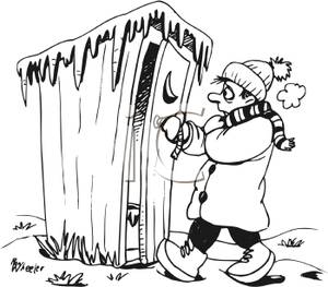 Black And White Cartoon Of A Man Going Into An Outhouse In Cold
