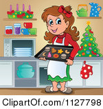 Cartoon Of A Happy Brunette Woman Baking Christmas Cookies Royalty    