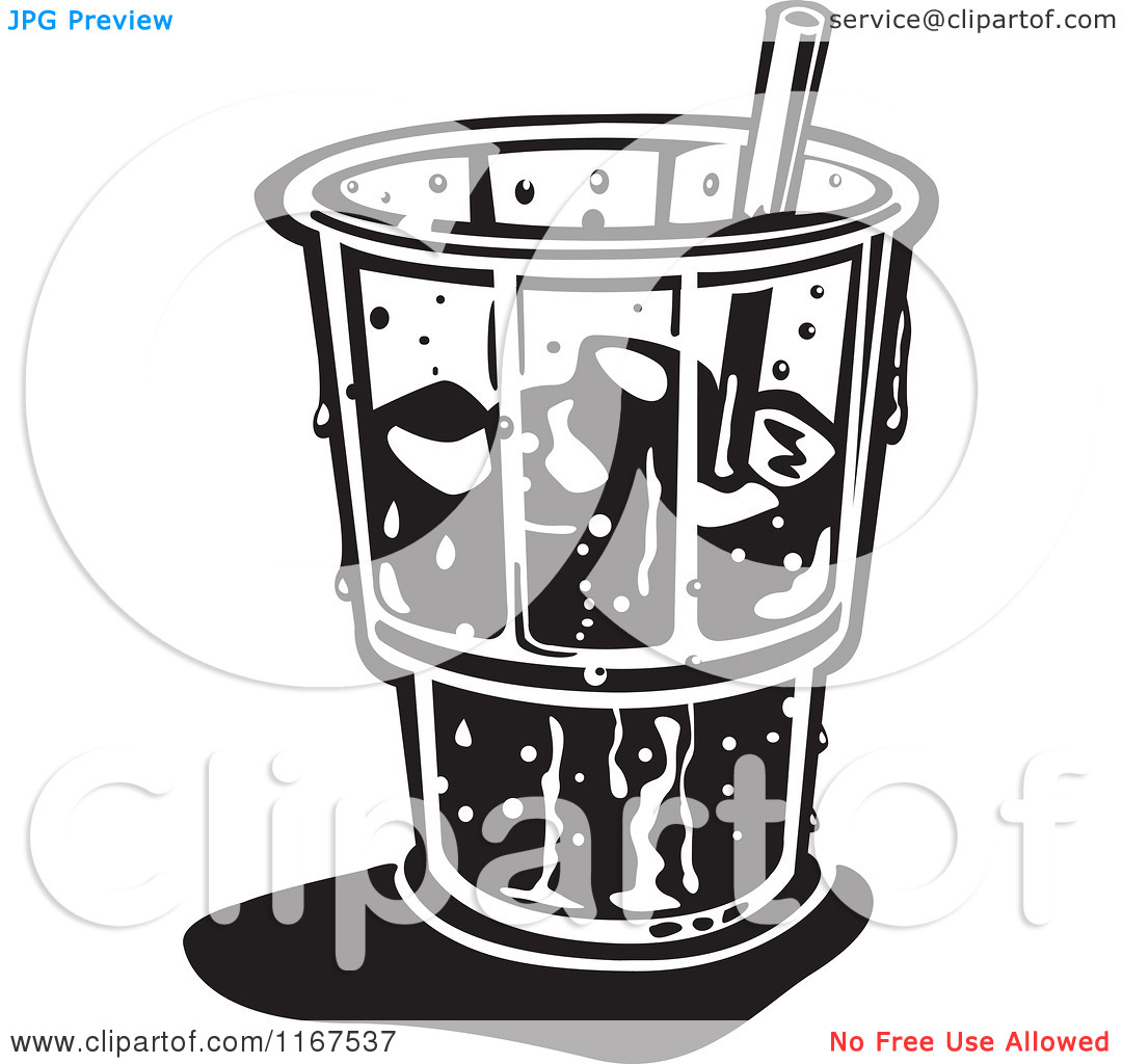 Clipart Of A Black And White Retro Ice Cold Glass With A Straw And Ice