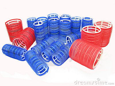 Collection Of Red And Blue Hair Rollers Different Diameter