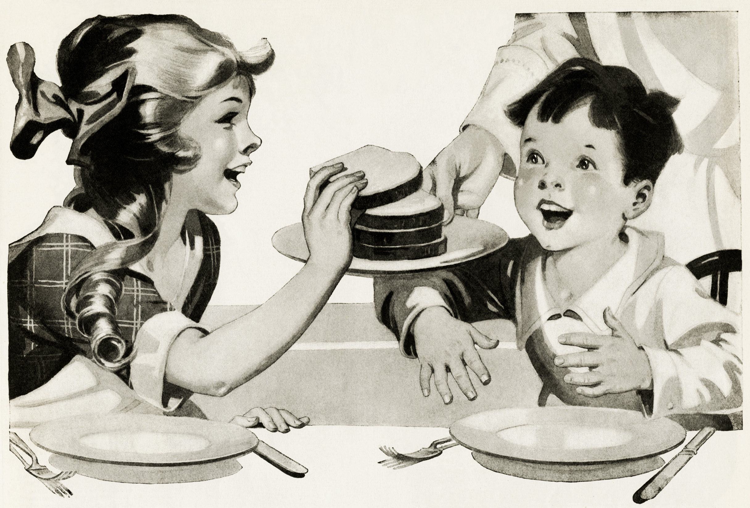 Free Vintage Clipart Children Girl And Boy Eating Bread Homemade