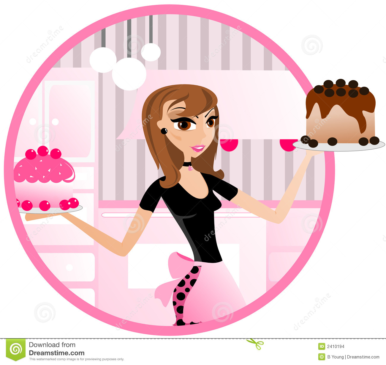 Illustration Presentation Of A Retro Brown Hair Woman In A Bakery
