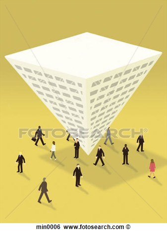 Of Business People Surrounding An Upside Down Pyramid Shaped Building