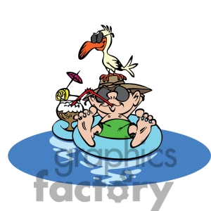 Royalty Free Cartoon Guy Floating On Rubber Tube Vacation Clipart    