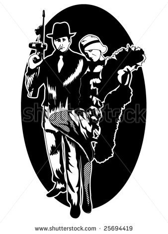 Stylized Vector Illustration Of A 1920 S Gangster And A Beautiful