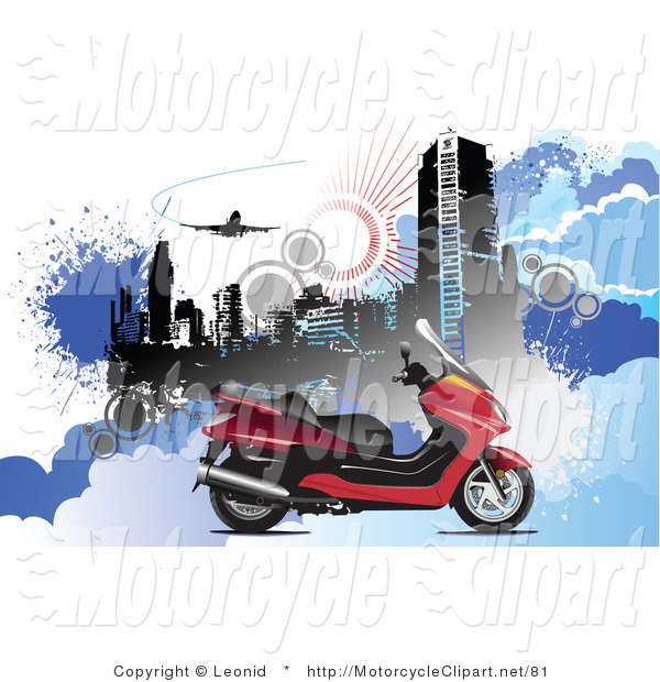 Transportation Clipart Of A Red Motorcycle In The City By Leonid    81