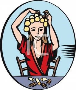 Woman Putting Hot Rollers In Her Hair   Royalty Free Clipart Picture