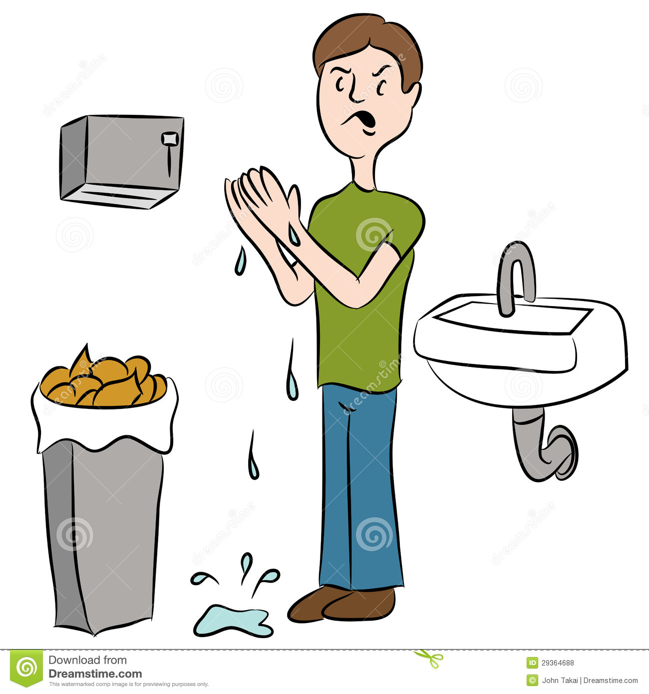 An Image Of A Man Trying To Dry His Wet Hands In A Bathroom